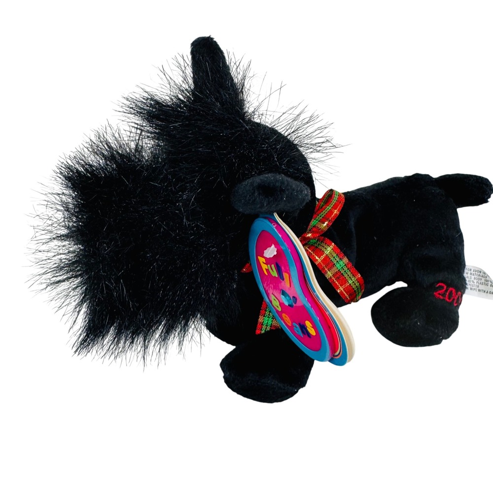 Avon 1999 Scottie Dog Plush Stuffed Animal Fun Faces Collection Black Tartan Bow